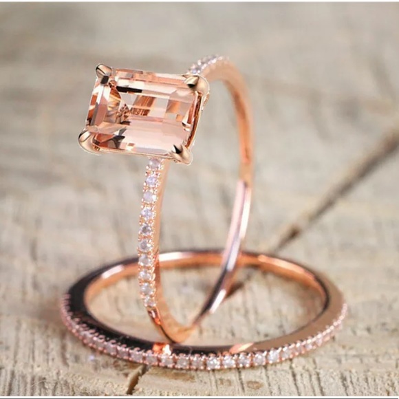 Jewelry - 18K Rose Gold Floral Ring Set Slim Princess ring